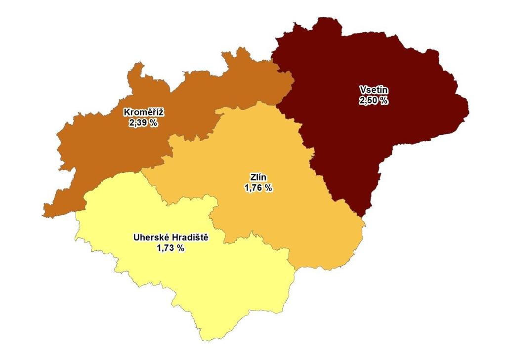 3. MAPA Podíl nezaměstnaných v okresech Zlínského kraje