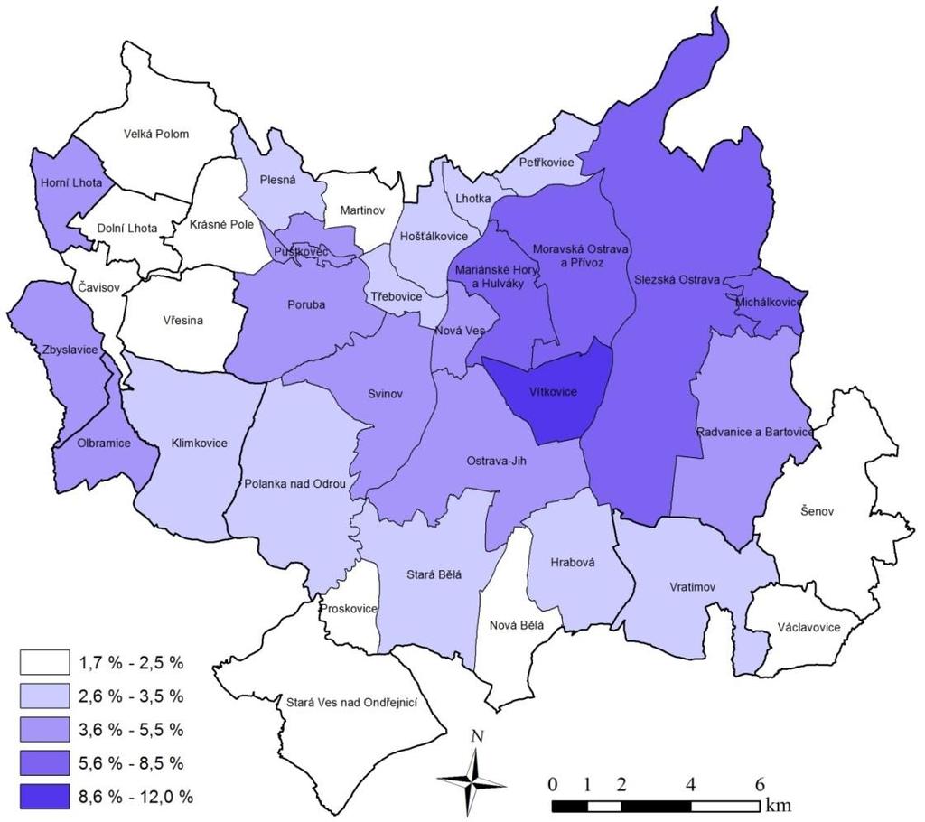 Úřad práce České republiky, Krajská pobočka v Ostravě strana 91 VII. PŘÍLOHY Příloha č. 1 Podíl nezaměstnaných osob v okrese Ostrava podle jednotlivých obcí a městských obvodů (v %) k 31.12.