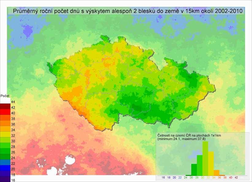 Obr. 2. 3: Průměrný počet dní s minimálně 2 CG blesky (grid 1x1 km) v období 22-21.