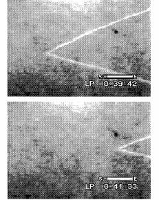 40 Figure 11: Two consequences in time and positions of the V-shaped wave (θ = 60 o at the vertex) moving to the right in the light sensitive BZ reaction looking through a CCD camera with the