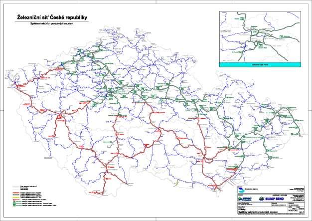Železnice v České republice Železniční síť v České republice: - velká hustota sítě železnic, - nízký podíl elektrizace (CZ jen 34 %, DE 56 %, AT 71 %), - dva elektrizační systémy (3 kv sever, 25 kv