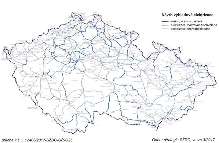 Rozvoj elektrizace železnic v České republice Je připravována elektrizace dalších tratí, již jednotným systémem 25 kv.