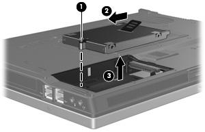 10. Zatáhněte výstupek pevného disku (2) doleva a odpojte pevný disk. 11. Zvedněte pevný disk (3) z pozice pevného disku. Instalace pevného disku: 1. Vložte pevný disk do pozice pevného disku (1). 2.