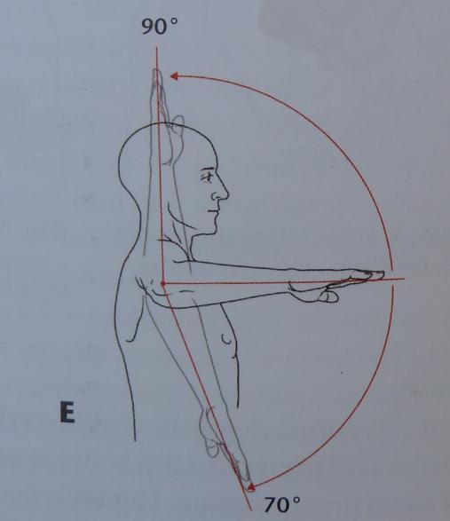 Obr. 3e: Zevní a vnitřní rotace při abdukci 90 (zdroj: scan Rehabilitace v klinické praxi, Pavel Kolář, 2009) V následujícím textu jsou uvedeny silové vlastnosti svalů v kilopondech (kp), přičemž 1