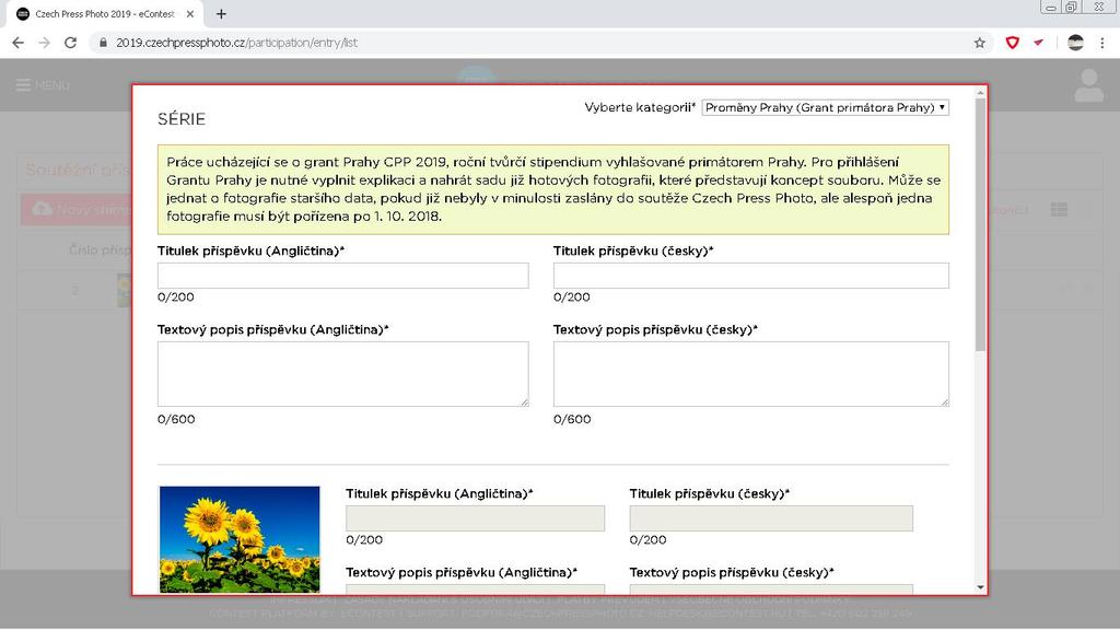 SÉRIE FOTOGRAFIÍ TITULEK, POPISKY A KATEGORIE Poté vyplňte textové pole s titulkem příspěvku (název série), titulky snímků (název fotografií) a jejich popisem v češtině i angličtině.