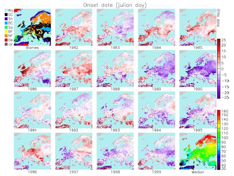 šířky severní polokoule, coţ je v souladu s meteorologickými vlivy. V tropech je větší prostorová heterogenita, která naznačuje moţnost sloţitějších kontrol fenologie.