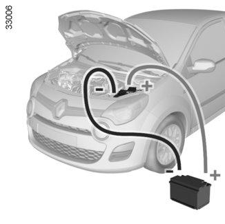 AKUMULÁTOR: odstranění poruchy (pokračování) Spouštění motoru akumulátorem z jiného vozidla Když se akumulátor vašeho vozu vybije, je třeba použít ke startování energii z akumulátoru jiného vozu.