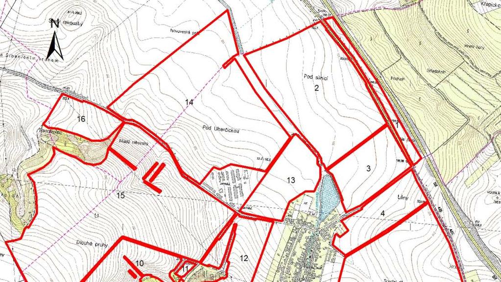 Obr.2: Ukázka erozních celků na území obce Starovice E) Vymezení oblastí DMT pro stanovené dlouhodobé průměrné roční ztráty půdy