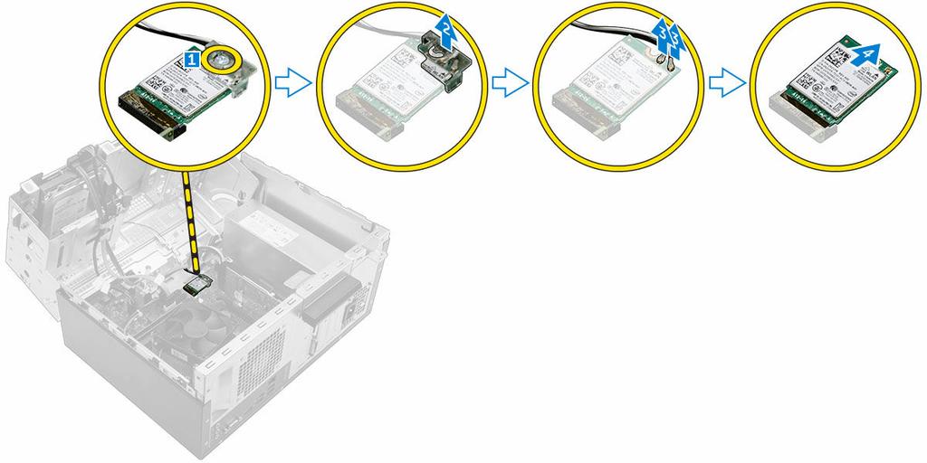 3. Postup vyjmutí : a. Otevřete dvířka předního rámečku. b. Odpojte datový a napájecí kabel z konektorů na [1, 2]. c. Zavřete dvířka předního rámečku [3]. d. Vysuňte z počítače [5]. Vložení 1.
