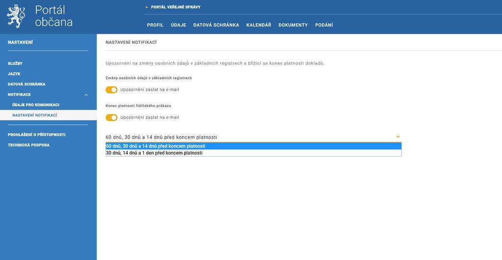 Portál občana Notifikační služby možnost aktivace systémových notifikací notifikace změny údajů v základních