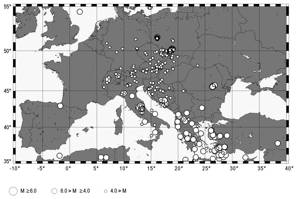 Obr. 2: Schematická mapa epicenter seismických jevů (s výjimkou explozí v lomech) registrovaných stanicí VRAC v roce 2017 (region Evropy). Fig.