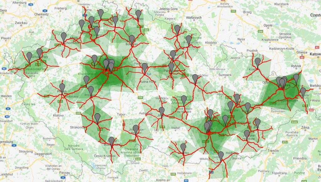 Geografické pokrytí KCC/IC v ČR 45 minutová vzdálenost dojezdu