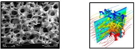 implantátů, kde díky pórovitosti kovové pěny dochází k zarůstání kosti do kovové struktury.[9], [10] Obrázek 20: Open - cell kovová pěna (vlevo); Simulace přestupu tepla (vpravo). 11.1.8.