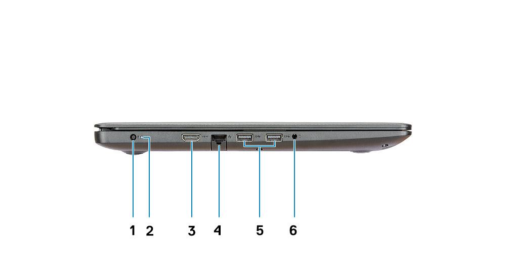 Pohled zleva 1 Port adaptéru napájení 2 Indikátor stavu baterie 3 Port HDMI 4 Síťový port 5 2 porty USB 3.1 1.