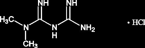 6 Teoretická část 6.1 Metformin Metformini hydrochloridum [2] C 6 H 12 ClN 5 Mr 165,63 Je to 1,1-dimethylbiguanid-hydrochlorid. Obrázek 1: Chemická struktura metformin hydrochloridu.
