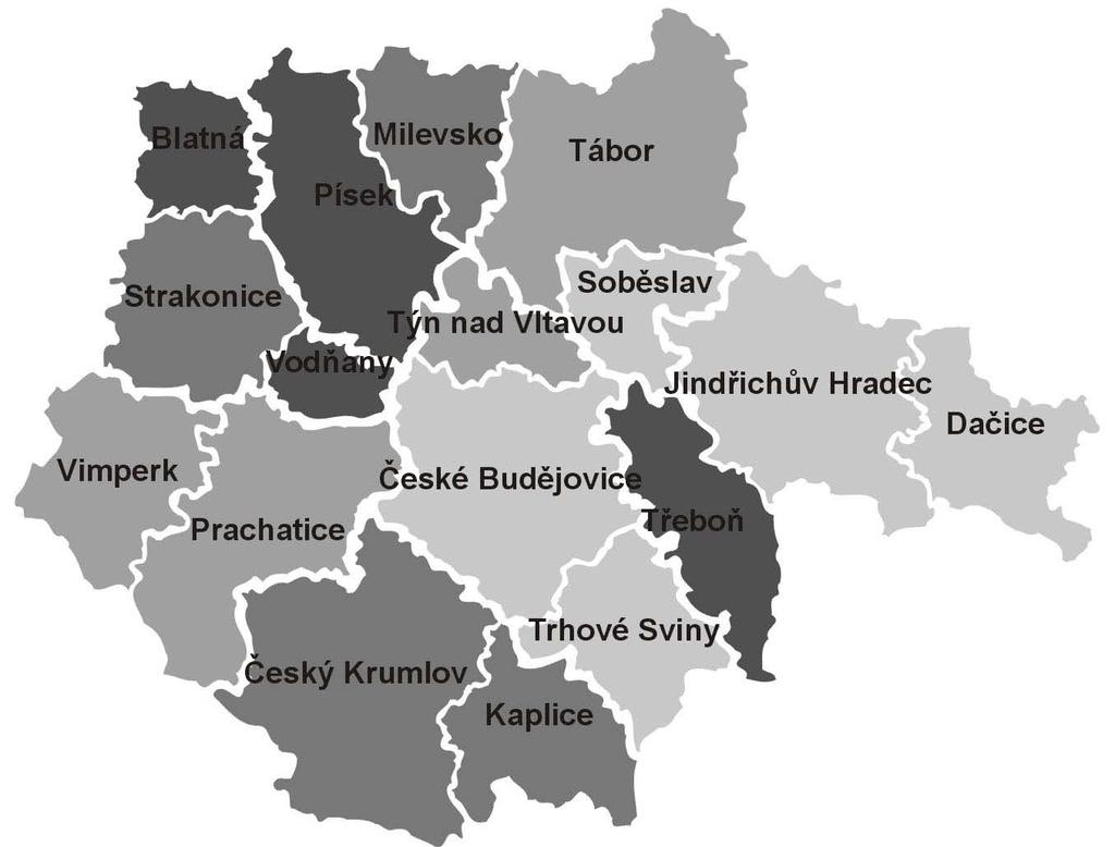 Jihočeský kraj Regionální struktura rozdělení absolutní míry rizika v obcích s rozšířenou působností (ORP) v roce 2005 Administrativní mapa rozložení absolutní míry rizika průmyslové