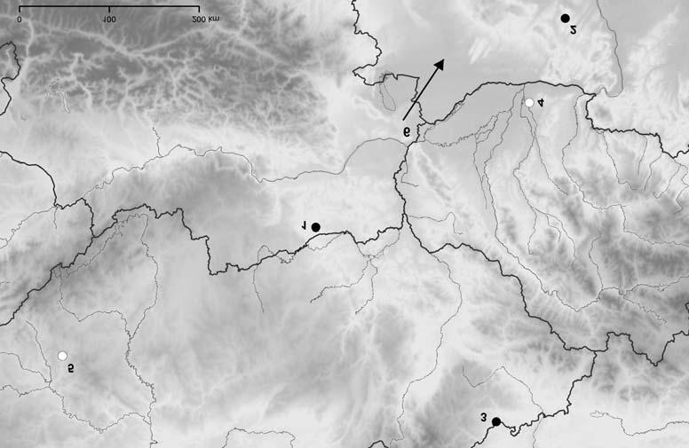 Obr. 17. Mapa rozšíření jehlic s dvojitou kolečkovitou hlavicí. 1 Peigarten, 2 Lovasberény-Mihályvar, 3 Vávrovice, 4 Hurbanovo, 5 Chocenice, 6 jehlice z neznámé lokality v Maďarsku. Kresba R.