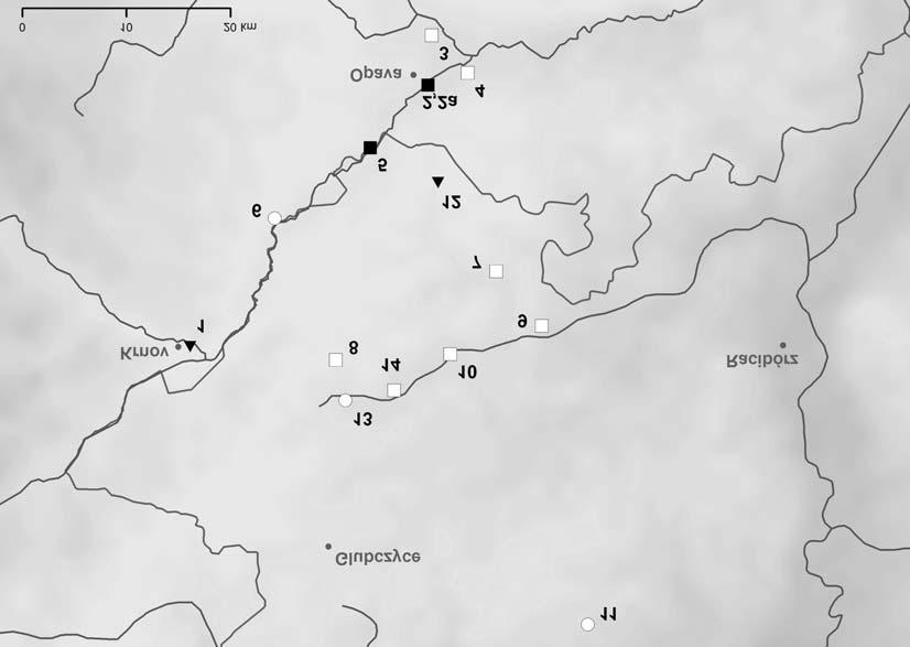 Obr. 22. Mapa únětických nalezišť v okolí Vávrovic. Čísla na mapě odpovídají číslům v soupise lokalit. Kresba R. Kadlubiec a autoři. Abb. 22. Karte der Aunjetitzer Fundstellen in der Umgebung von Vávrovice.