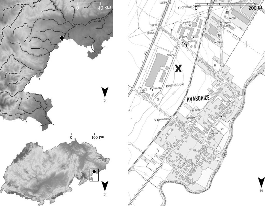 A C B Obr. 1. Vávrovice - Krásné pole. 1 Poloha naleziště v mapě ČR; 2 poloha naleziště ve výřezu mapy ČR; 3 poloha naleziště ve výřezu základní mapy 1 : 10 000 (kresba redakce, podklady autoři). Abb.