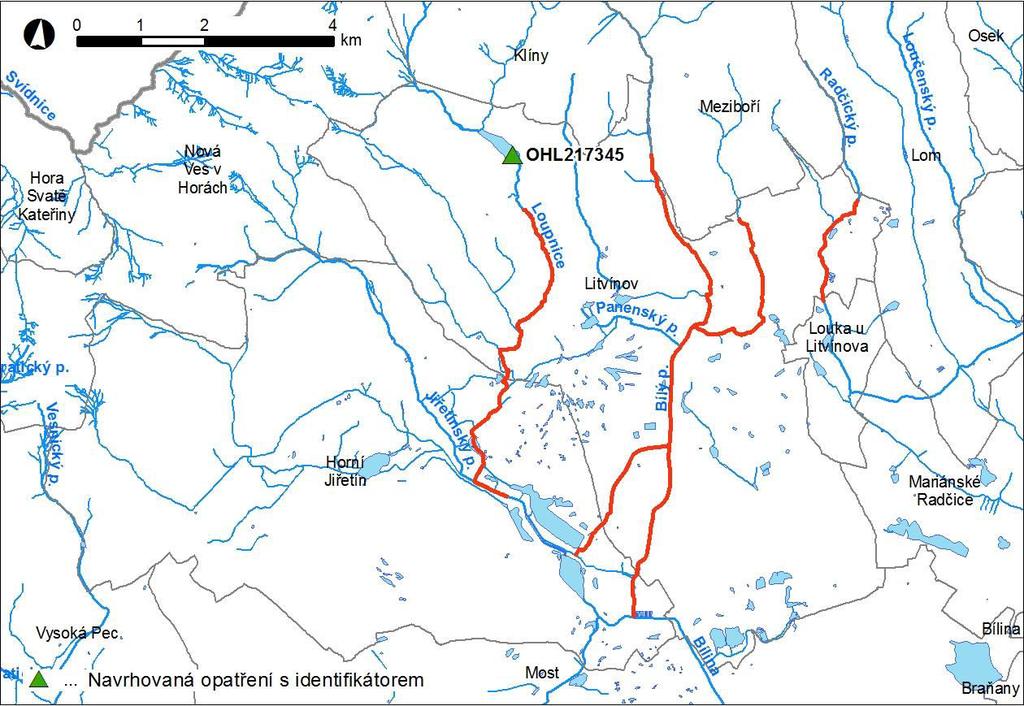 Obr. 3 6 Přehledná mapa lokalizace navrhovaných opatření s identifikátorem listem opatření (ID OP) Souhrnné informace o jednotlivých DOsVPR za jednotlivá dílčí povodí Souhrnné informace o