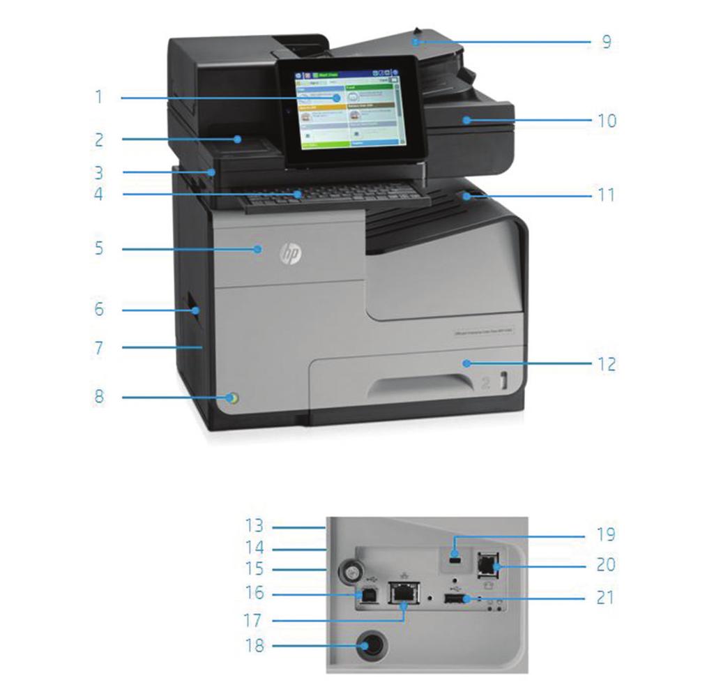 Představení produktu Vyobrazená sestava barevné multifunkční tiskárny HP Officejet Enterprise X585z: 1. Přehledný 20,3cm otočný barevný dotykový displej HP Easy Select 2.