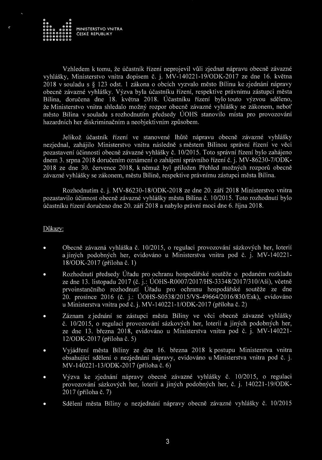 o e e o o oooo ooo ooooooooo České republiky ooooooo&o 000900000 Vzhledem k tomu, že účastník řízení neprojevil vůli zjednat nápravu obecně závazné vyhlášky, Ministerstvo vnitra dopisem č. j.