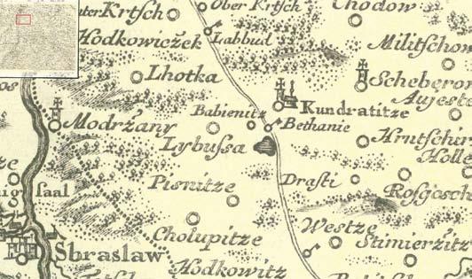 Obr. 3. Müllerovo mapování (1720), list č. 13 výřez Obr. 4. Mapa I. vojenského mapování, (1764-1768), Čechy, list č.