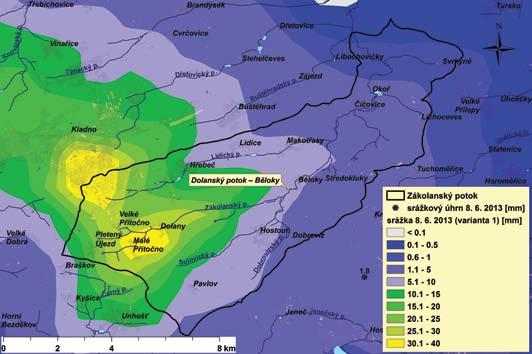 Obr. 10. Plošné rozložení srážek (varianta 1 vlevo, varianta 2 vpravo) s vyznačením zasaženého povodí komunikace, chodníky, vlastní koryto potoka a mostky či lávky.