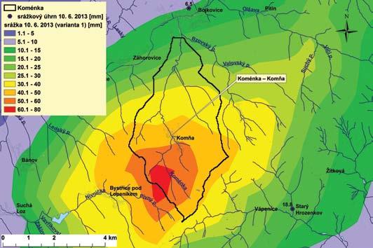 Obr. 16. Plošné rozložení srážek (varianta 1 vlevo, varianta 2 vpravo) s vyznačením zasaženého povodí potoka, který se do Nivničky vlévá v Bystřici pod Lopeníkem.