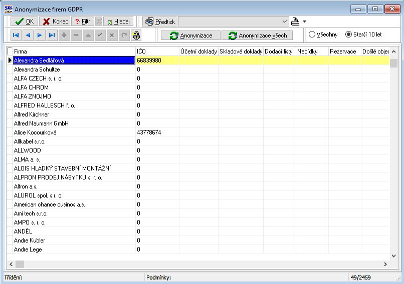 daňový doklad mladší 10 let (zákon o účetnictví nařizuje udržovat informace 10 let). Je však možné si nechat zobrazit i všechny firmy.