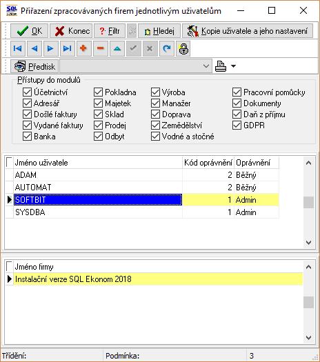 Obrázek: Přiřazení zpracovávaných firem jednotlivým uživatelům Podrobnější práva Pokud máte nastaveny tyto globální práva, pak je možné přistoupit na nastavení