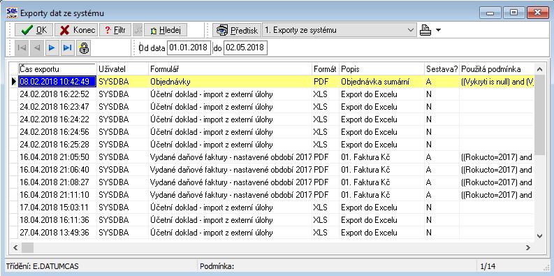 souboru (Excel, CSV, XML), případně dá export tiskového výstupu do nějakého formátu a to buď z náhledu tiskové sestavy, nebo pomocí speciálního tlačítka ve formuláři i do mailu, systém toto