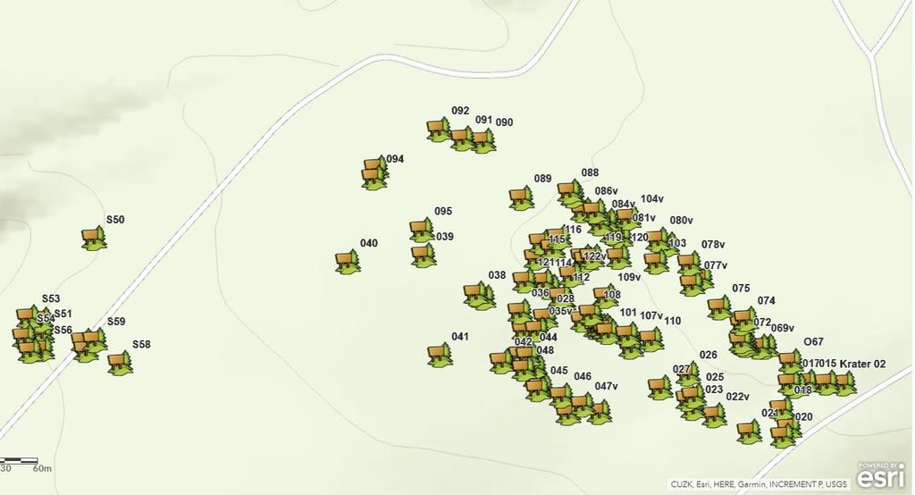 Obr. 3 - mapa všech nalezených kráterů na Olšině Grafy a tabulky