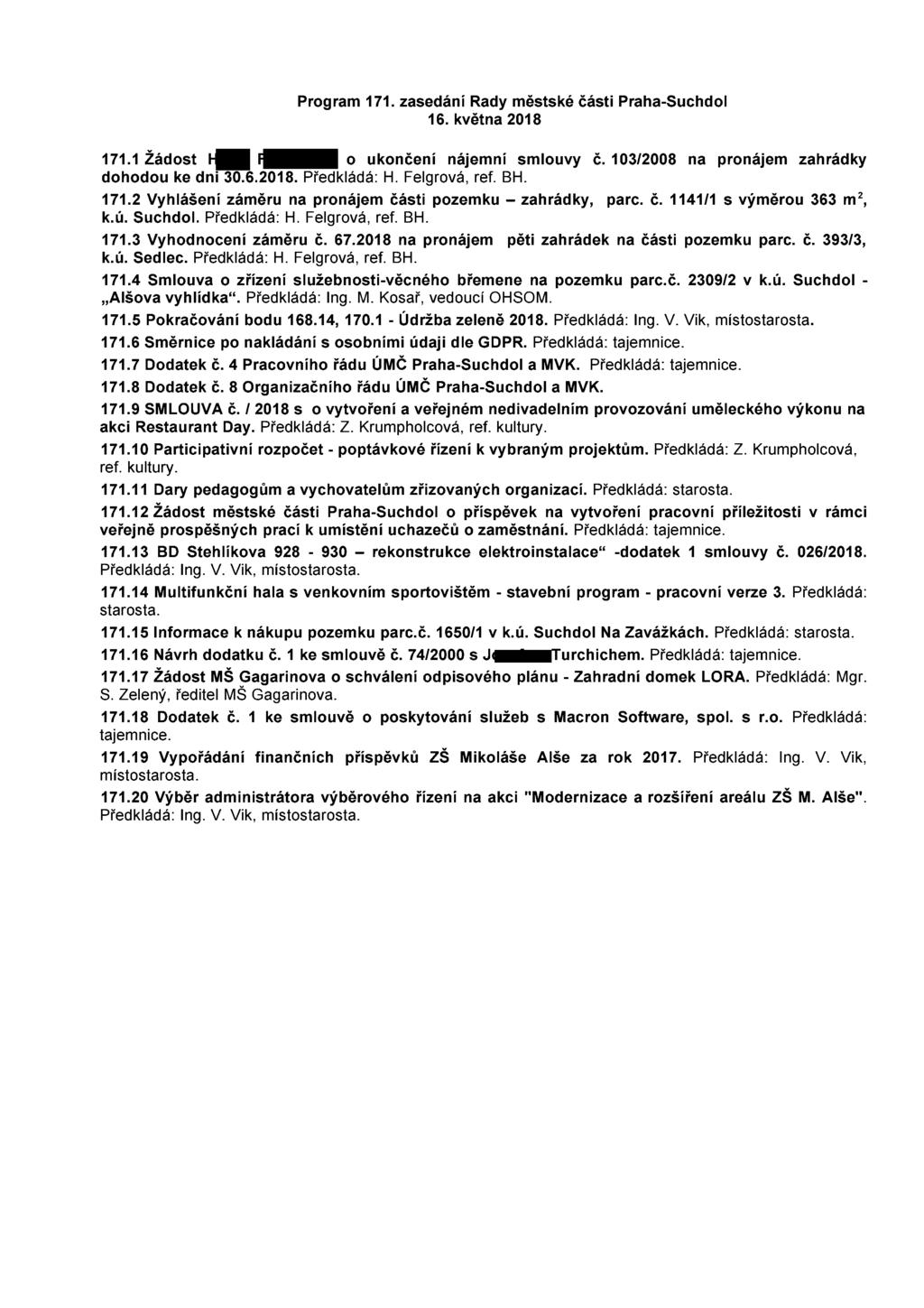 Program 171. zasedání Rady městské části Praha-Suchdol 16. května 2018 171.1 žádost -_ o ukončení nájemní smlouvy č. 103/2008 na pronájem zahrádky dohodou ke dni 30.6.2018. Předkládá: H.