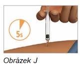 Jehlu nechte zapíchnutou po dobu 5 sekund (viz obrázek J). 8. Vyjměte předplněnou injekční stříkačku z místa podání Vytáhněte jehlu přímým směrem vzhůru (viz obrázek K).