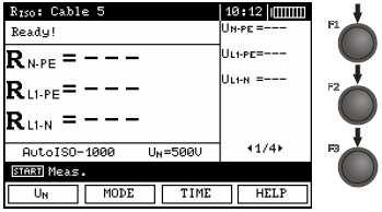 3 Stiskněte tlačítko F1 U N, přejděte na volbu testovacího napětí U N. Stiskněte tlačítko F2 MODE, přejděte na volbu typu kabelu (3, 4 nebo 5 vodičů).