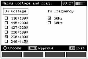 2.2.1 Napětí a kmitočet sítě Před zahájením měření jmenovitého napětí sítě U n je potřeba zvolit používanou hodnotu jmenovitého napětí (110/190 V, 115/200 V, 127/220 V, 220/380 V, 230/400 V, 240/415 V).