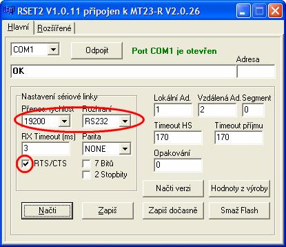 4.3.6 Nastavení PC a programu hyperterminál pro PLC komunikaci (přenos souboru) Pomocí servisního kabelu se nastaví na obou modemech komunikační rychlost, typ rozhraní, RX time out parita a zapne se