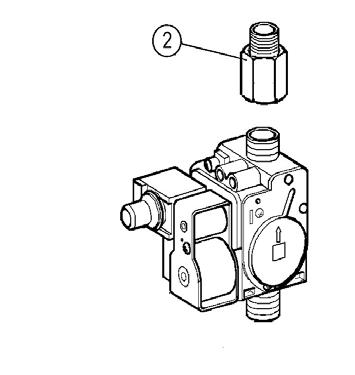 3) Regulace minimálního výkonu se provádí šroubem (2) na plynovém ventilu při vypnutém přívodu k modulační cívce (stačí odpojit konektor faston ).