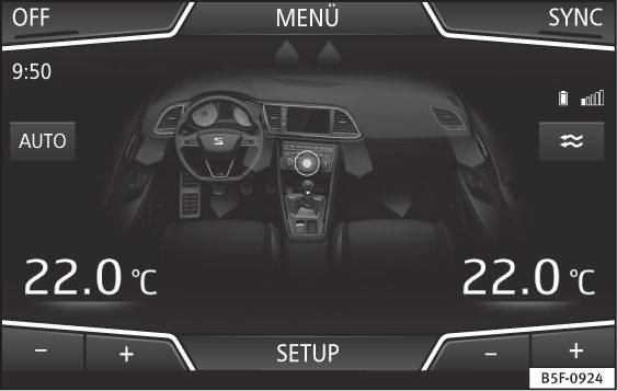 Vyvolání menu Klimatizace Stiskněte tlačítko na ovládacích prvcích Climatronic. NEBO: Stiskněte tlačítko v systému Easy Connect. Zvolte otočným spínačem menuklimatizace a otevřete ji.