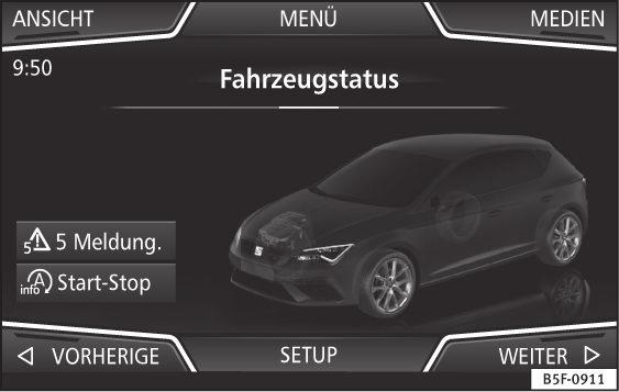 50 Easy Connect: menu CAR NEBO: Stiskněte tlačítko infotainmentu, abyste se dostali k menu Vozidlo obr. 50. Stiskněte funkční tlačítko SETUP pro otevření menu Nastavení vozidla.