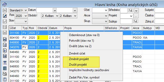 Hlavní kniha (pohledy Standard HK a Detail HK) Prostřednictvím kontextového menu přibyla funkcionalita pro hromadnou změnu projektu u uživatelem zvolených účetních záznamů v modulu Účetnictví Hlavní