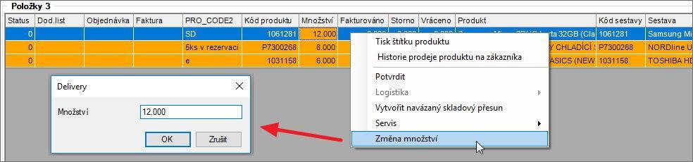 Nová volba nad položkami dodacího listu Verze 1.11.2.1 Do modulu Dodací listy byla přidána volba na pravé tlačítko nad položkou dodacího listu Změna množství.