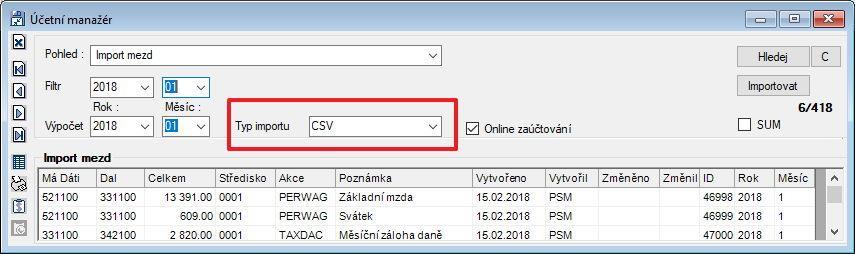 Výběr typu importu Do modulu Účetní manažer byla v pohledu Import mezd přidána nová roletka Typ importu pro výběr typu importovaného souboru.