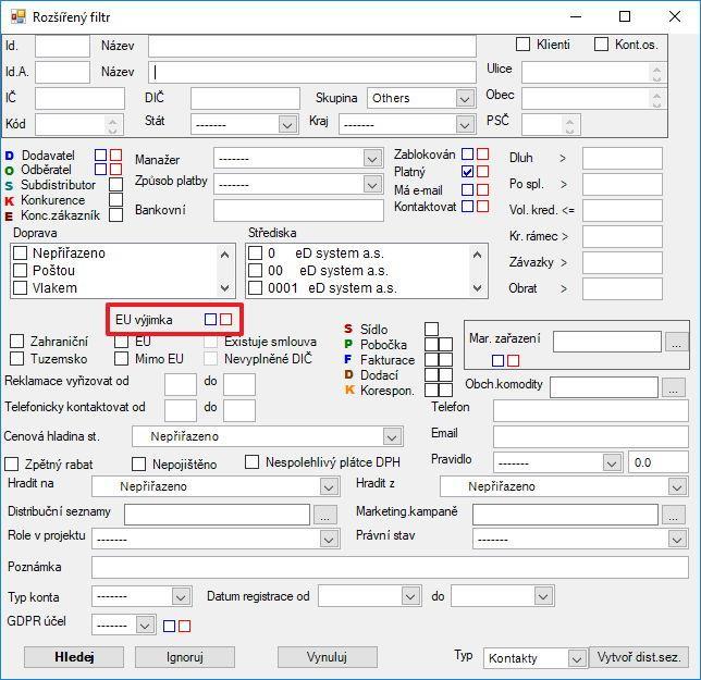 Modul Dodavatelé, odběratelé - Seznam všech adres rozšířený filtr Na těchto místech lze nastavit checkbox EU výjimka manuálně. Tento checkbox ale může systém nastavit také automaticky.