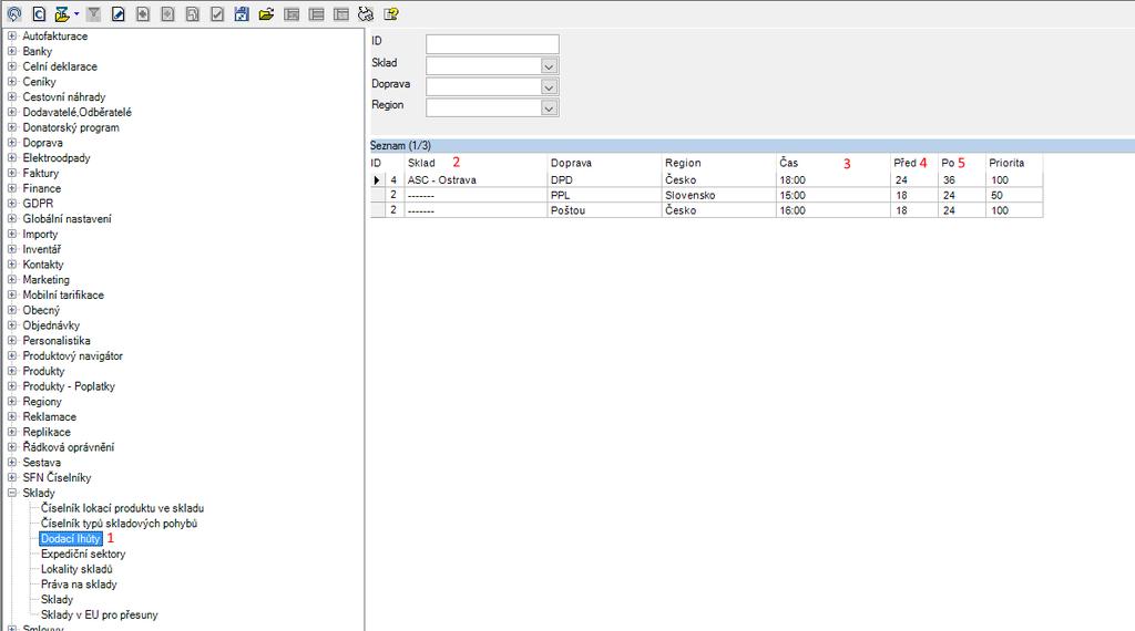Číselník dodacích lhůt Verze 1.11.0.0 Uživatel s přiděleným právem Číselníky \ Sklady \ Dodací lhůty může nastavit v číselnících (obr. pozice 1) rozhodné časy pro termíny dodání.