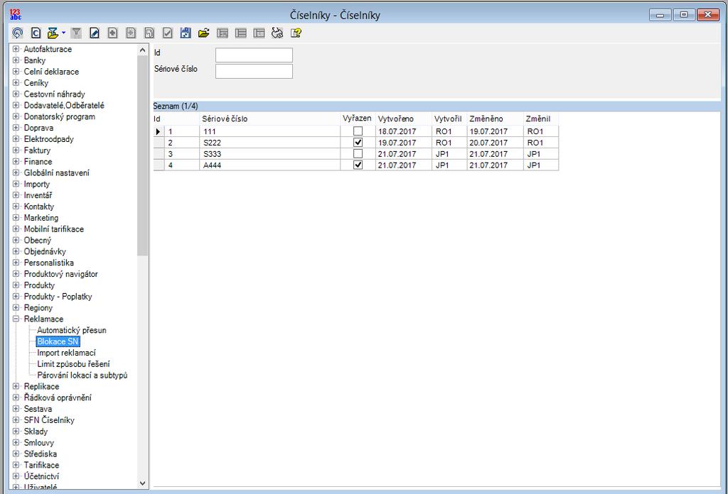 Reklamace a servis - Blokace SN Nová funkcionalita v modulu reklamací - blokování sériových čísel.