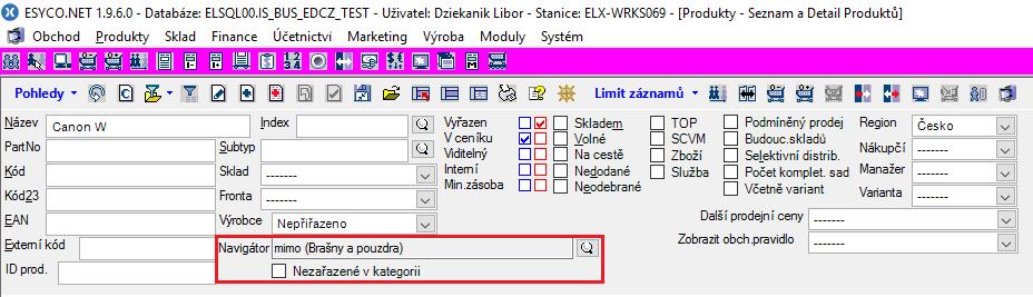 Pokud je zatrženo Nezařazené v kategorii, pak se vynulují položky vybrané v Navigátoru a vyhledají se všechny produkty, které