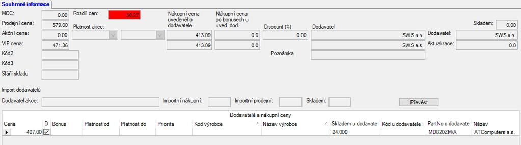 Upraven detail záložky Souhrnné informace V modulu Produkty na