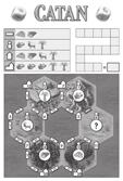 CATAN Kostková hra HERNÍ MATERIÁL 6 surovinových kostek s 6 rozdílnými stranami Dřevo Jíl Obilí Vlna Ruda Zlato 1 oboustranně potištěný blok Přední strana PŘÍPRAVA Silnice Vesnice Zadní strana Hráči